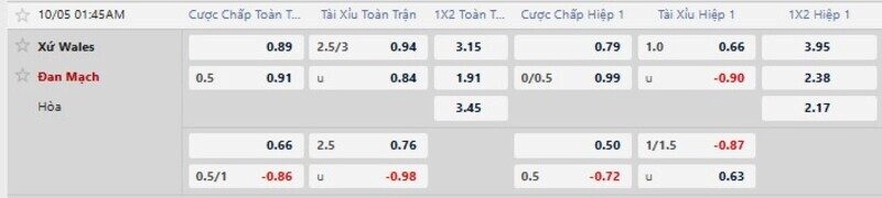 Bảng tỷ lệ kèo trận Wales vs Đan Mạch